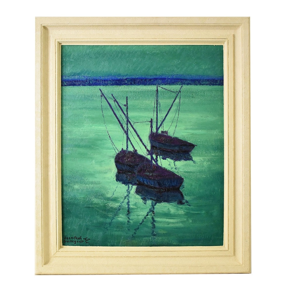 OLD TWENTIETH CENTURY PAINTINGS, SEA PAINTINGS, MARINE WITH BOATS, OIL ON CANVAS, FROM THE 1900s. (QM565)